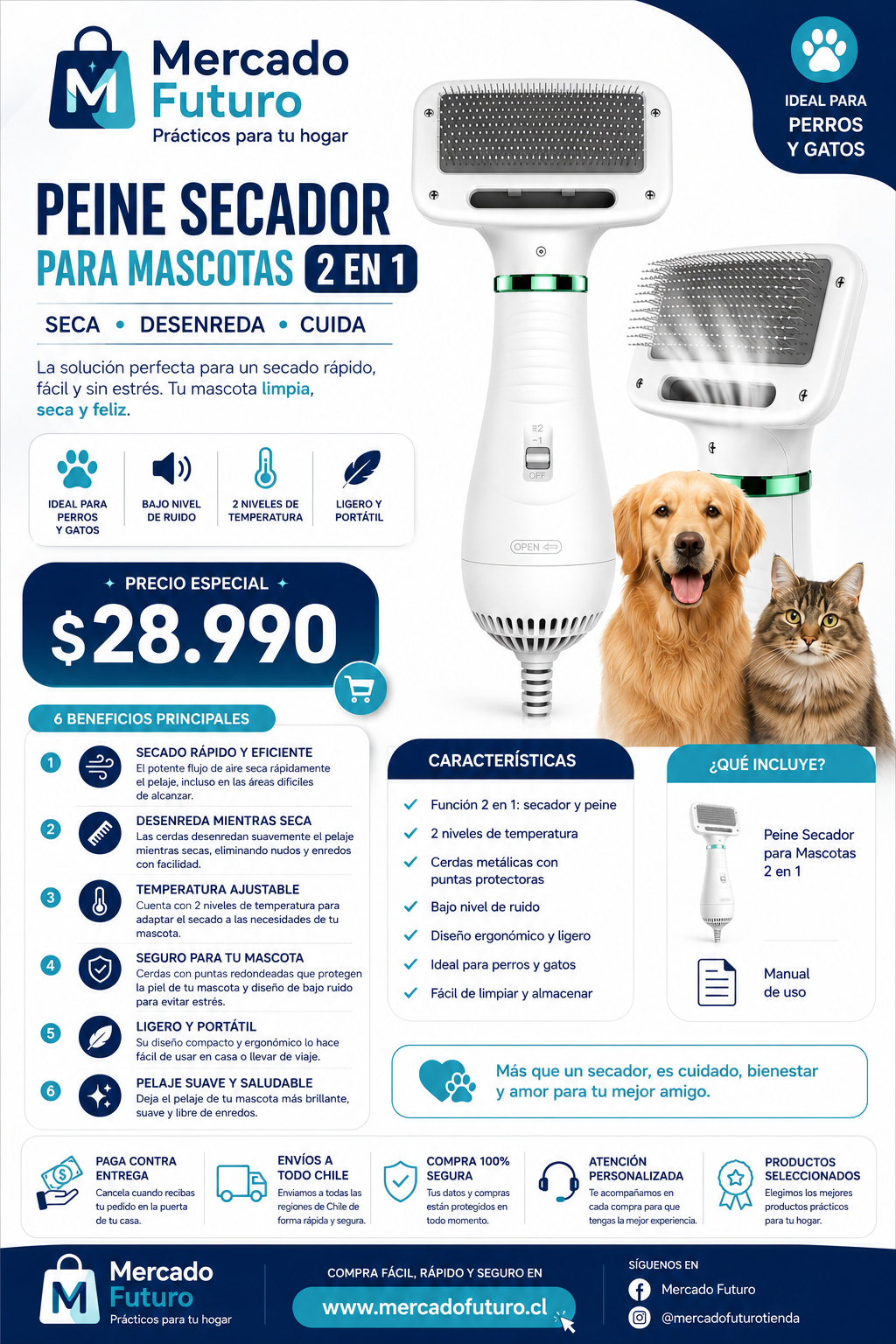 Secador Peine para Mascotas 2 en 1