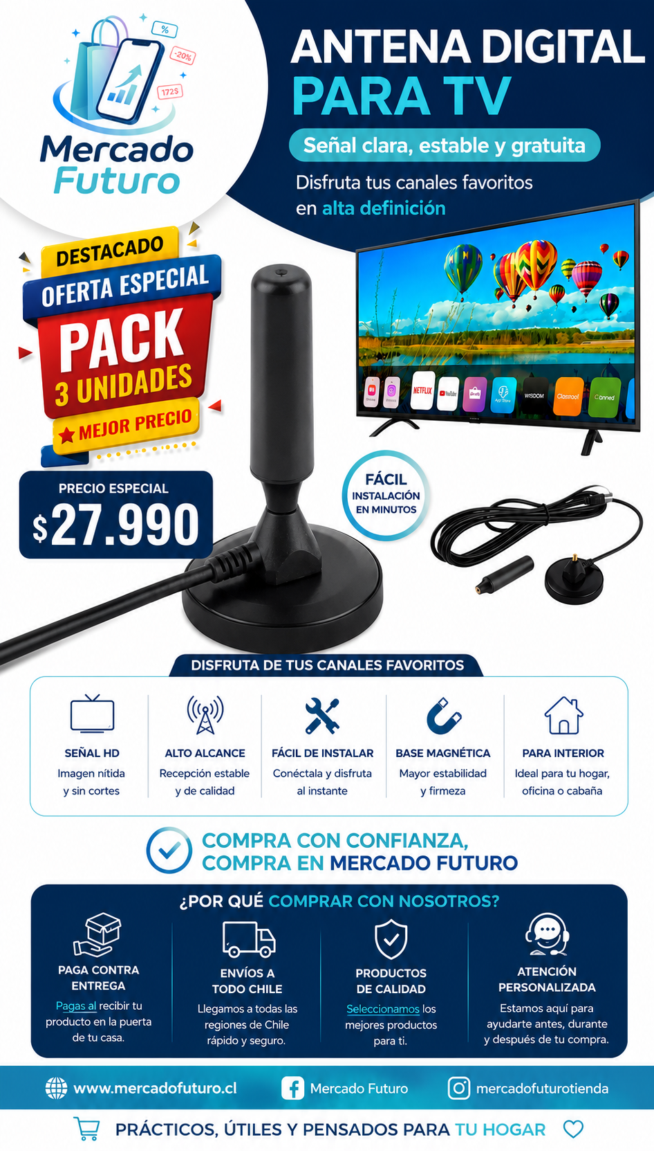 PACK 3 ANTENA TV DIGITAL HD