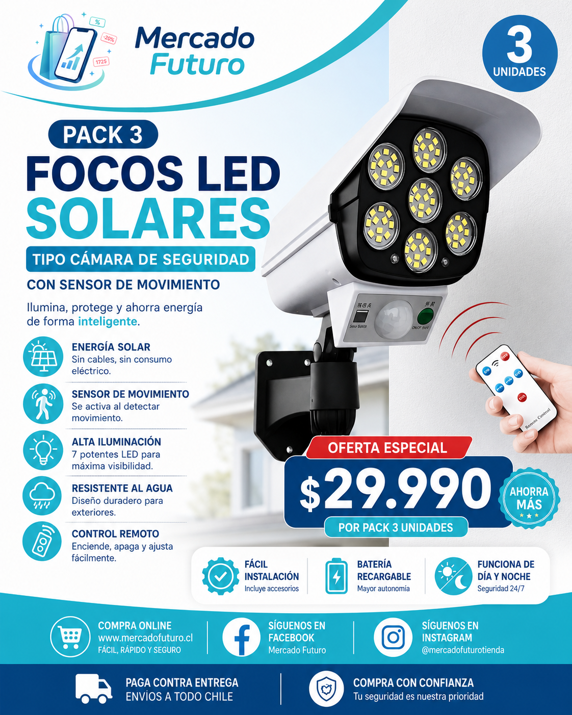 Pack 3 Focos LED Solares Tipo Cámara de Seguridad