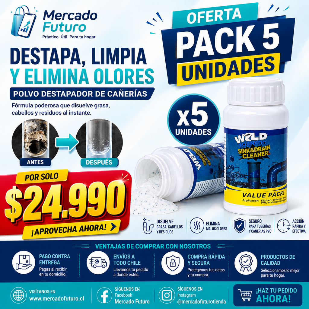 Pack 5 Unidades Polvo Destapador de Cañerías