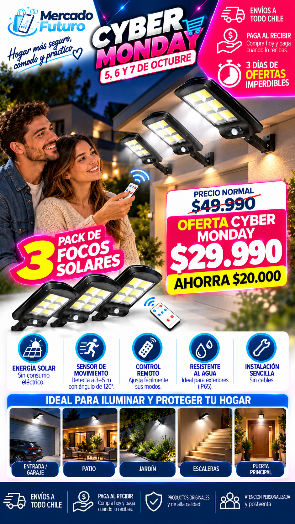 Pack de 3 Focos LED Solares con Sensor de Movimiento y Control Remoto