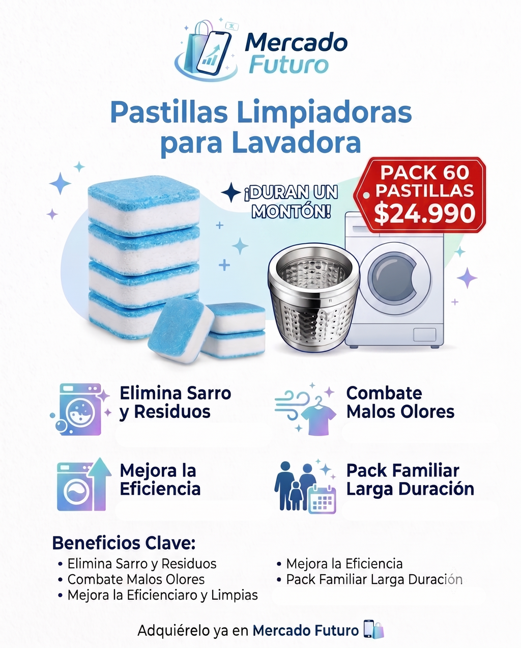 Pack 60 Pastillas Limpia Lavadora