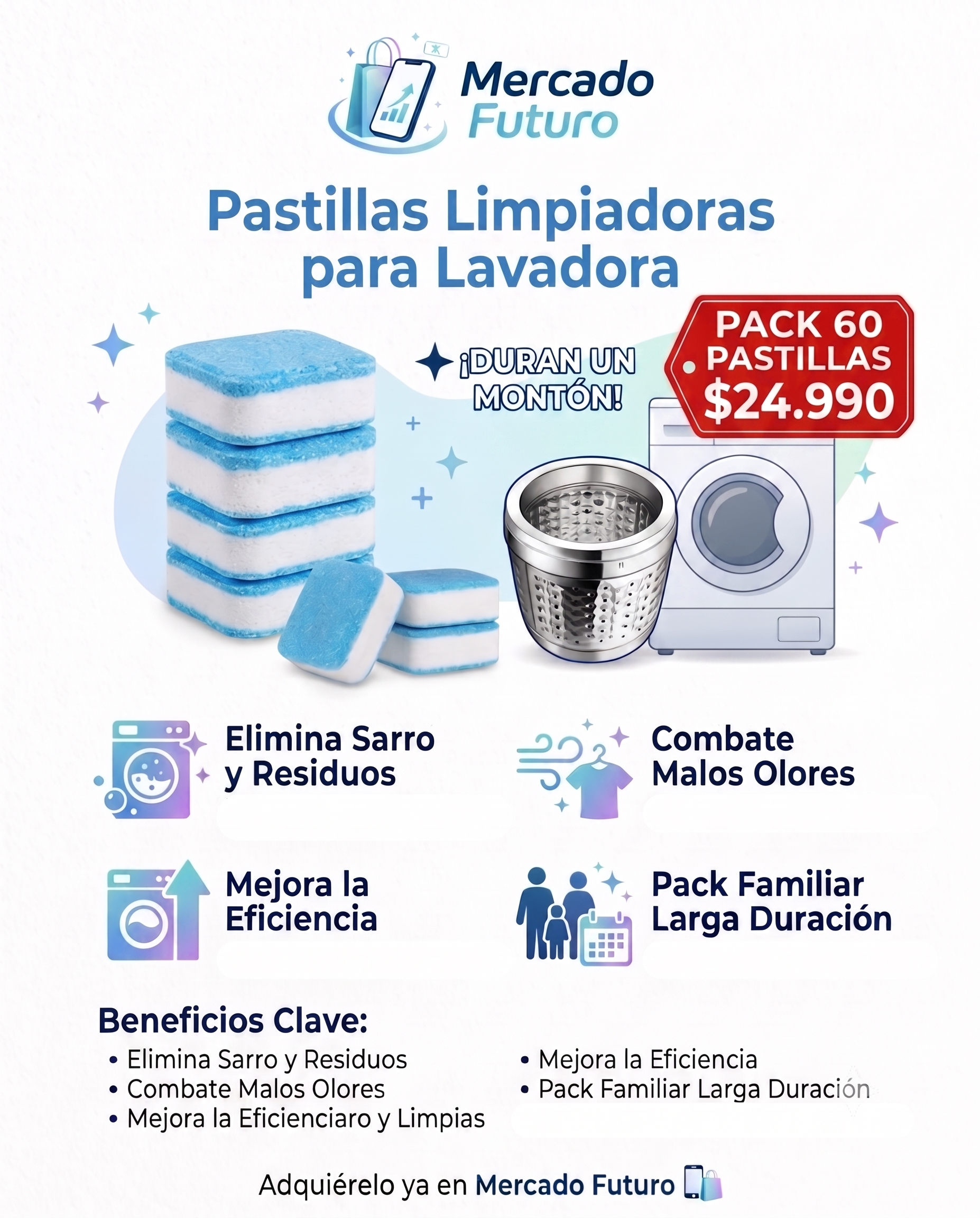 Pack 60 Pastillas Limpia Lavadora
