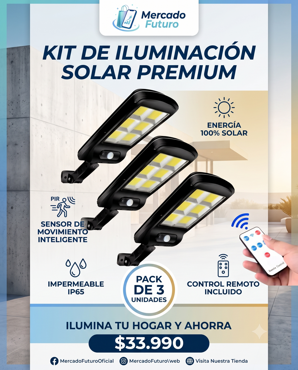 Pack de 3 Focos LED Solares para Exterior con Sensor de Movimiento y Control Remoto