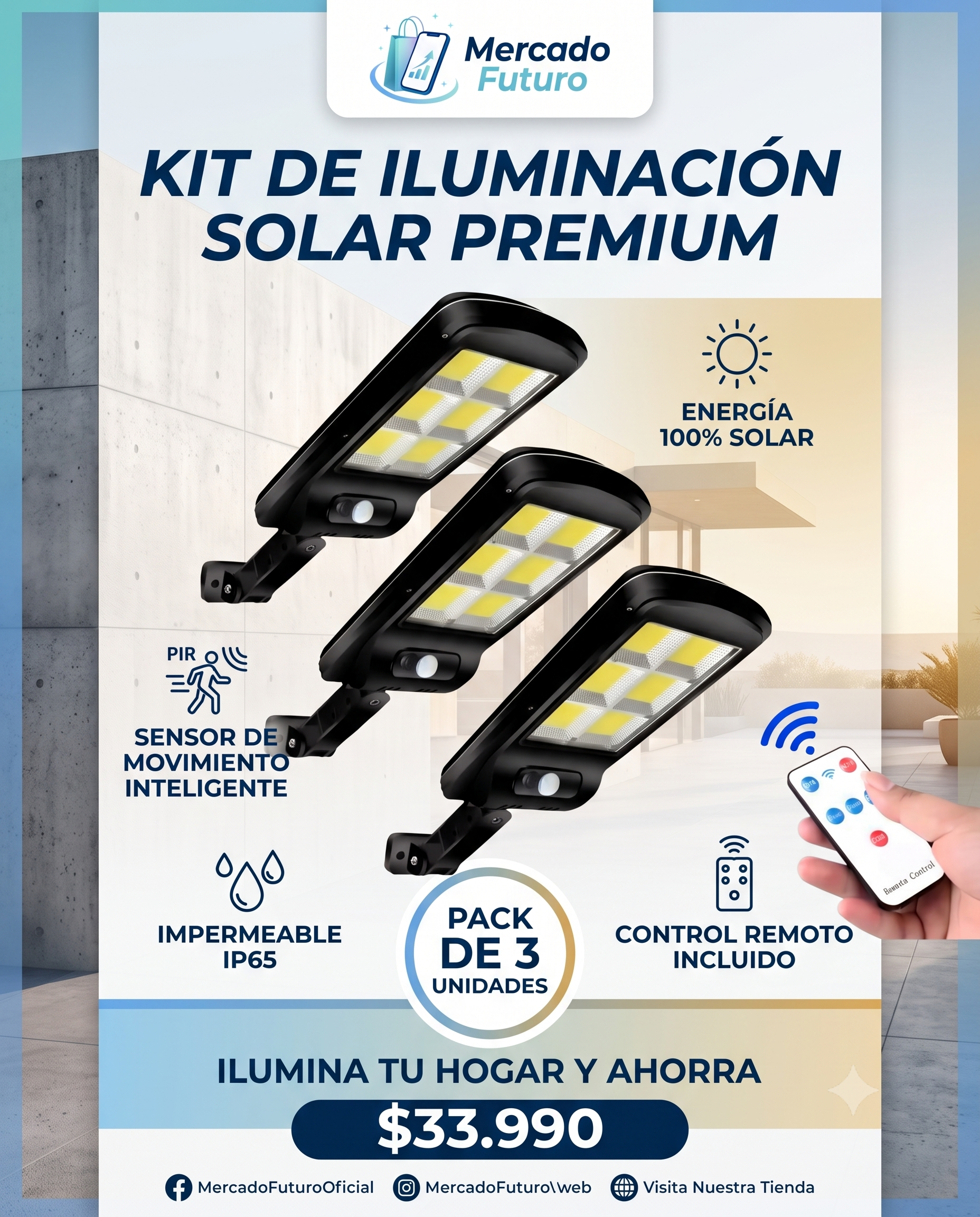 Pack de 3 Focos LED Solares para Exterior con Sensor de Movimiento y Control Remoto